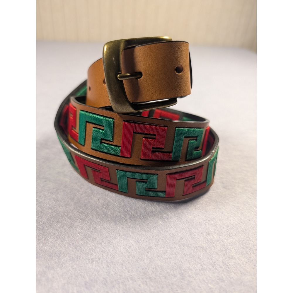 J.McLaughlin Caerus Leather Belt Mens 40 Chestnut Greek Key Deboss‎ New